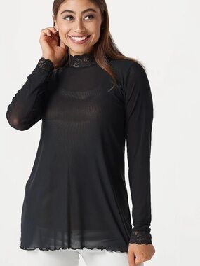 LOGO Layers by Lori Goldstein
Sheer Mesh Mock Neck Top with Lace Trim SIZE Large